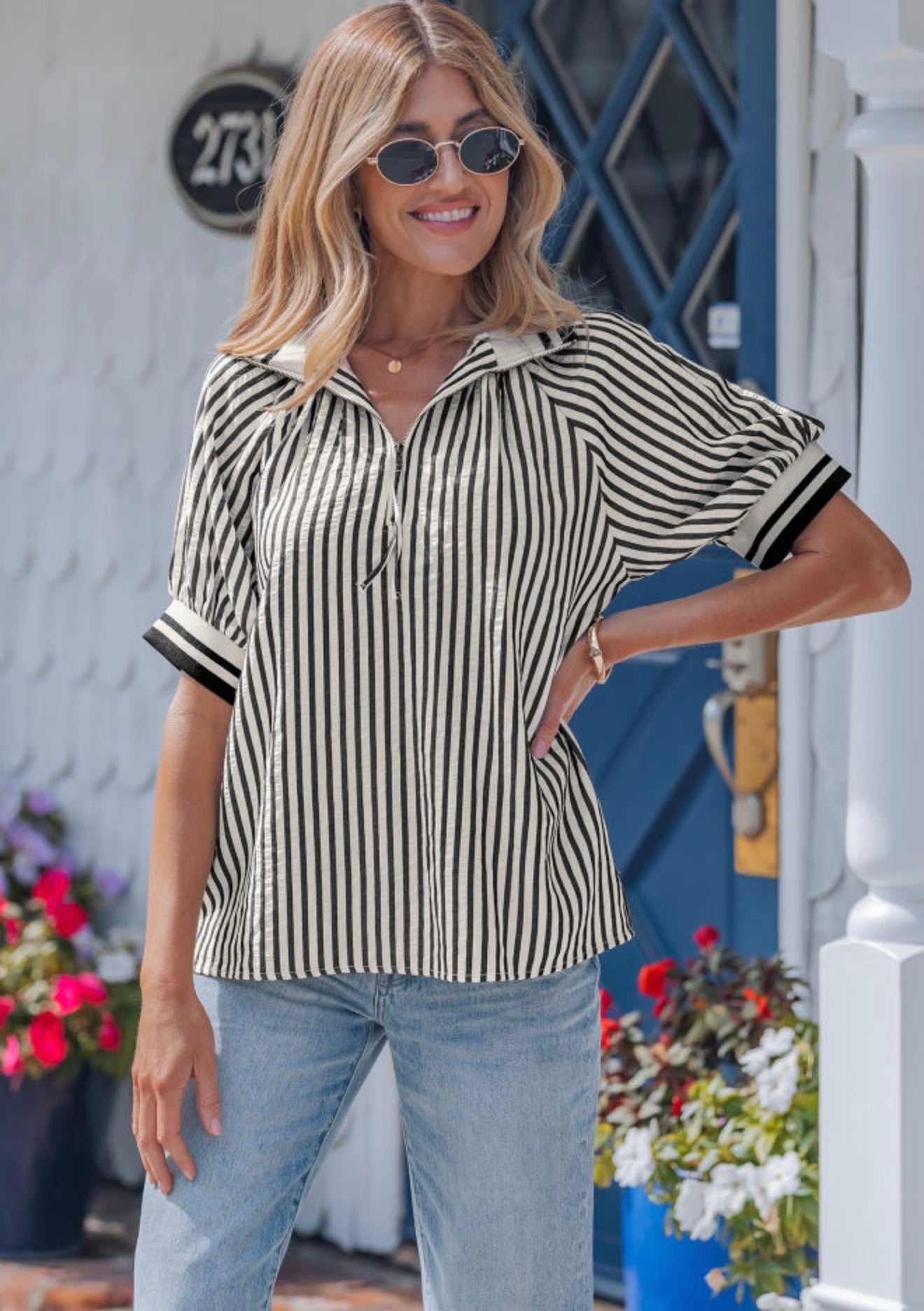 Black Stripe Polo Half Zip Top