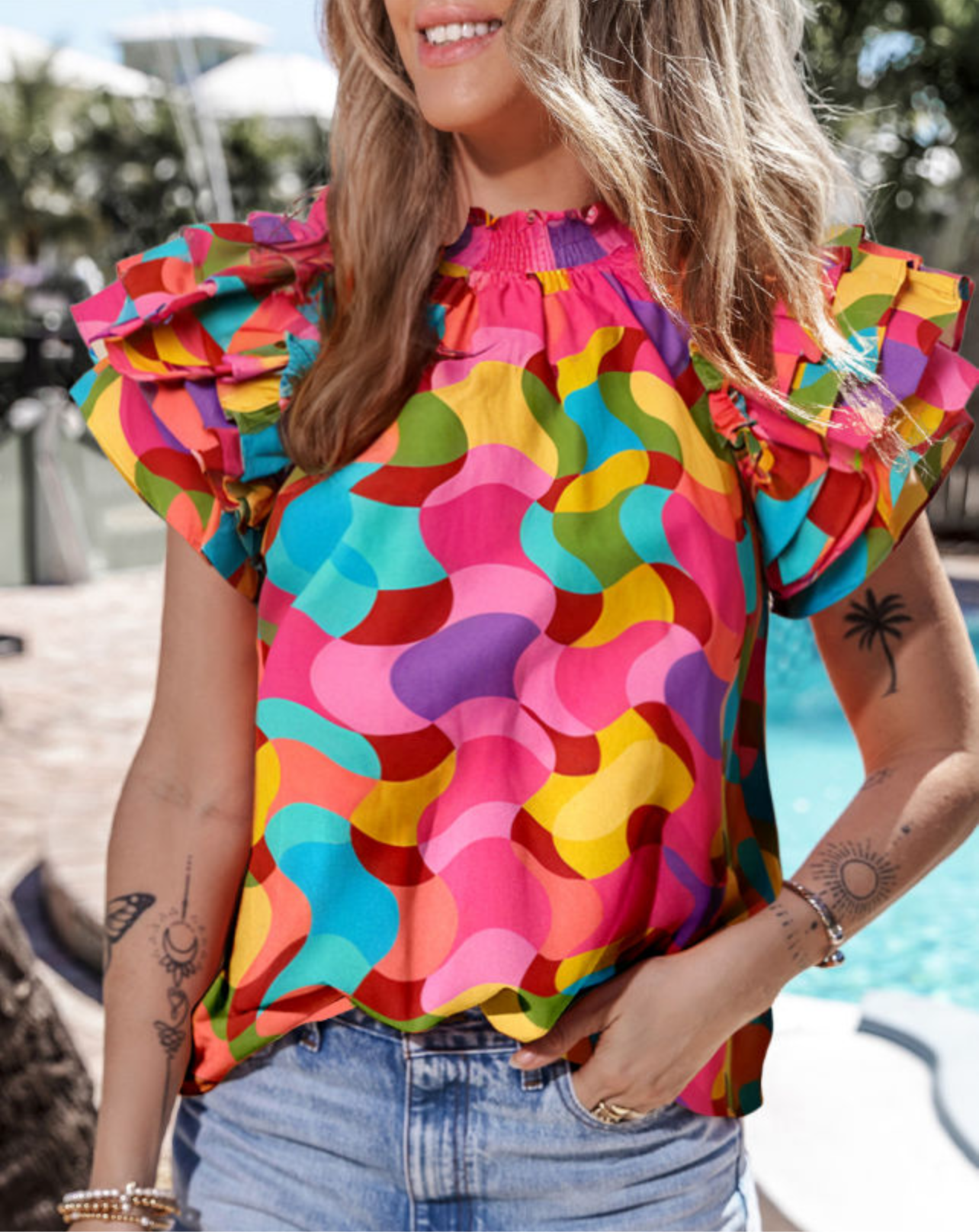 Rose Red Ruffle Sleeve Blouse