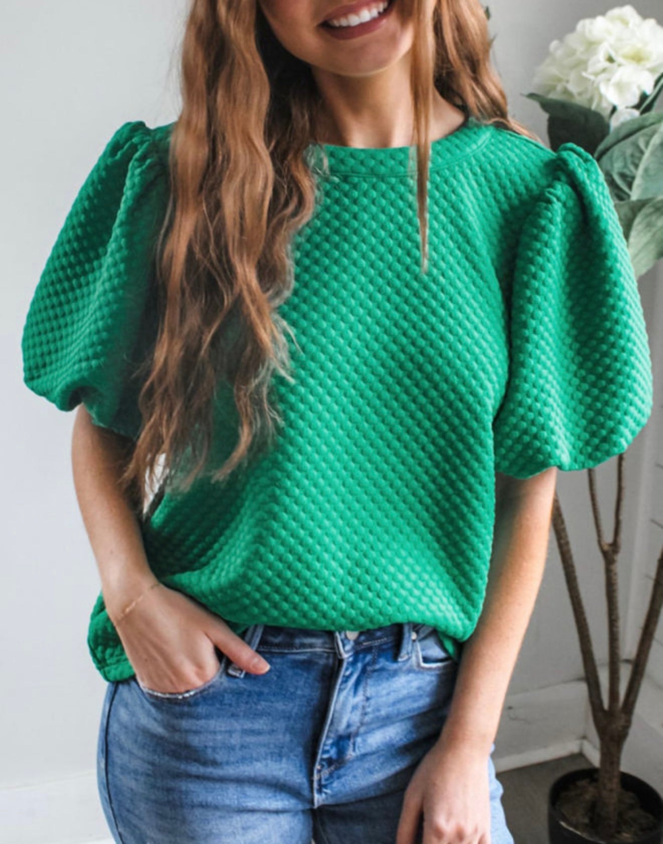 Sea Green Textured Puff Sleeve Top