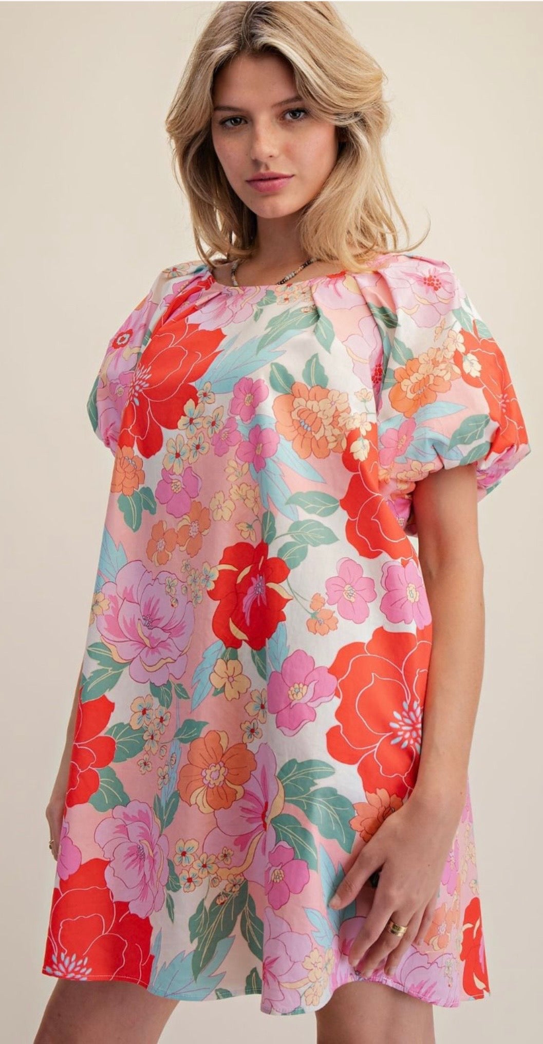 Coral Bubble Sleeve Print Dress