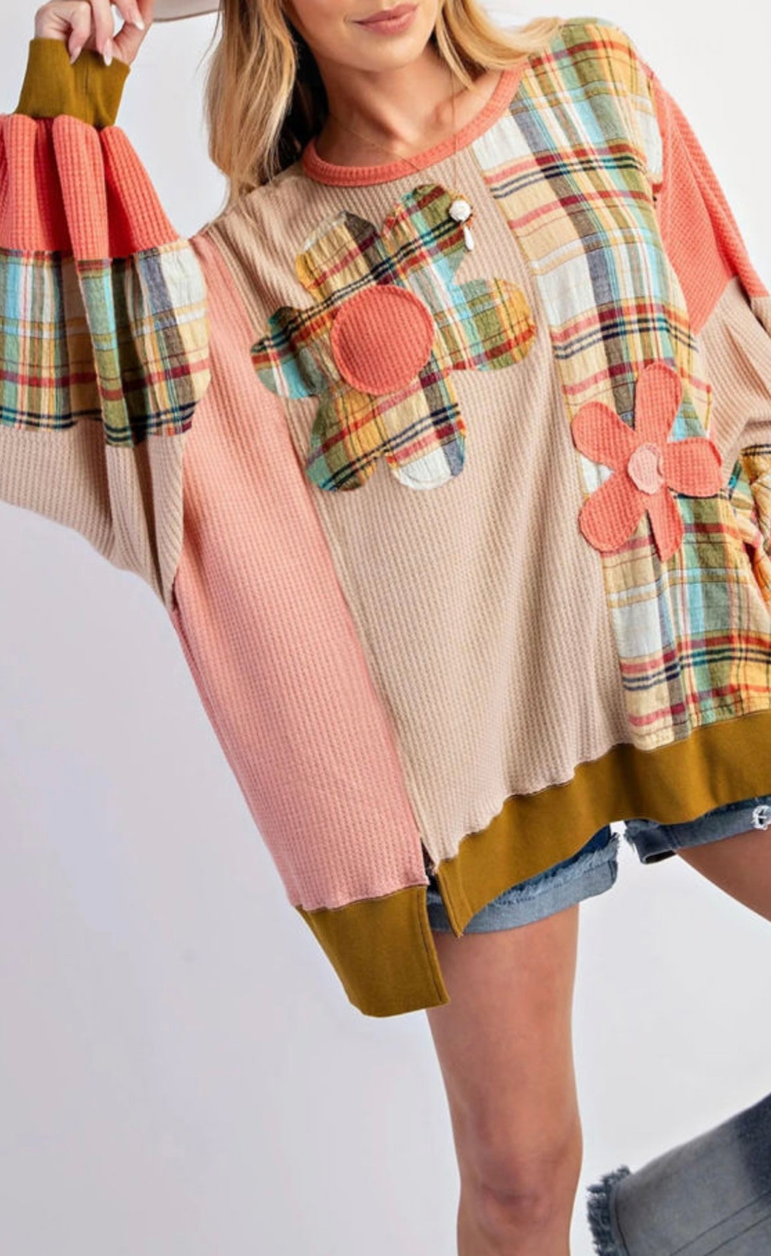 Multicolor Waffle Knit Plaid Patchwork Pullover