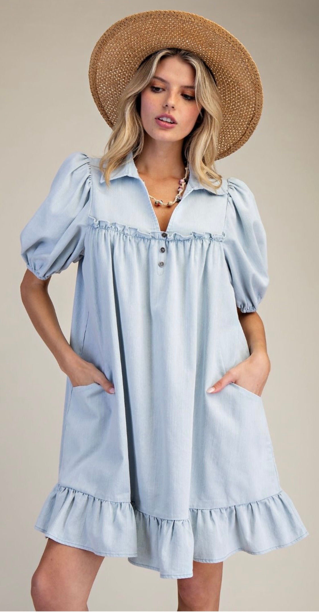 Lt Denim Ruffle Sleeve Dress