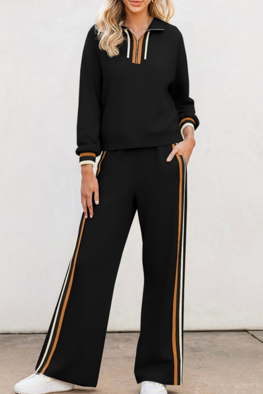 Black Striped Patchwork Quarter Zip Set