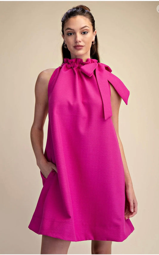 Tie Round Ruffle Neck Mini Dress