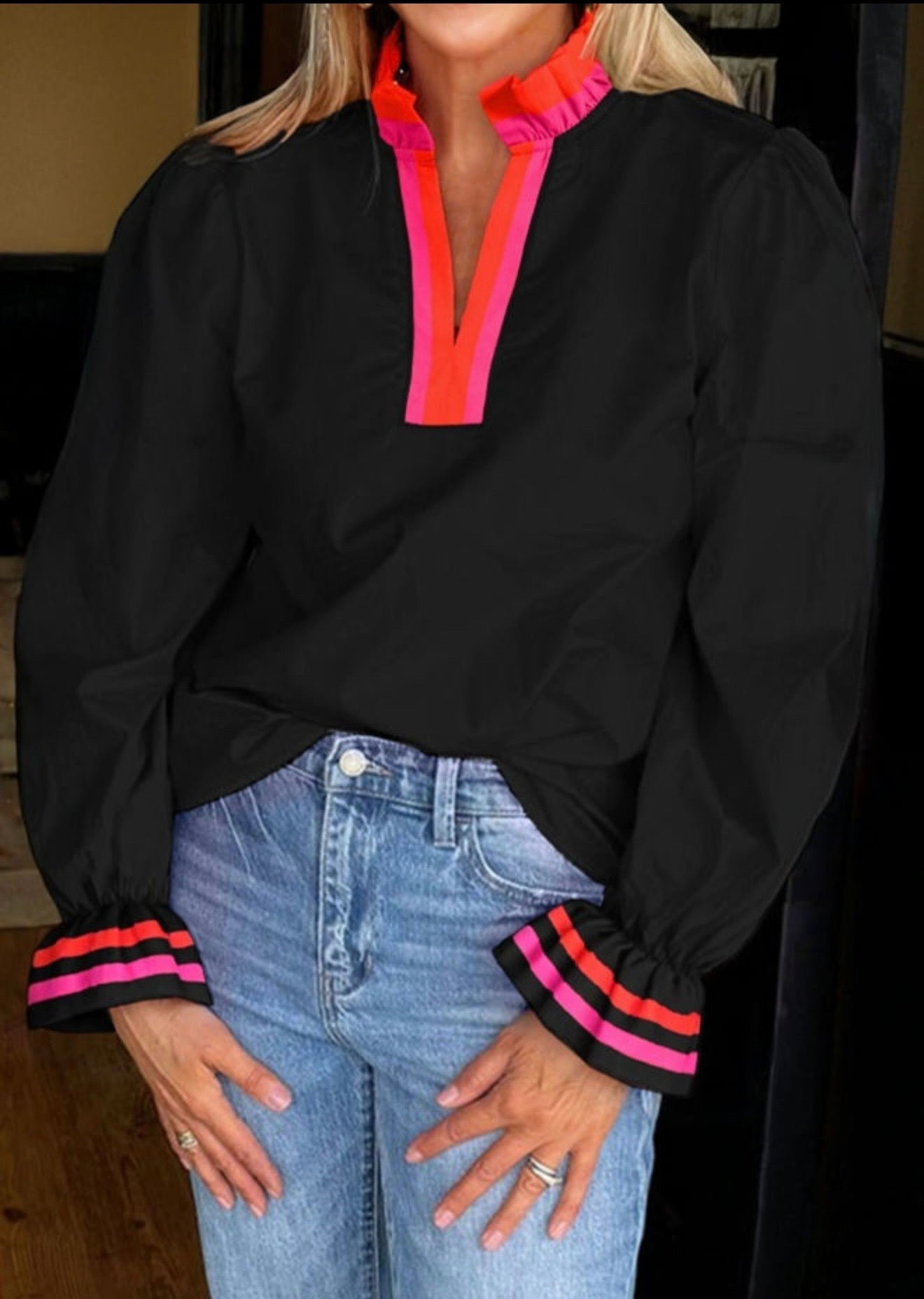 Black Striped Ruffle Trim Blouse