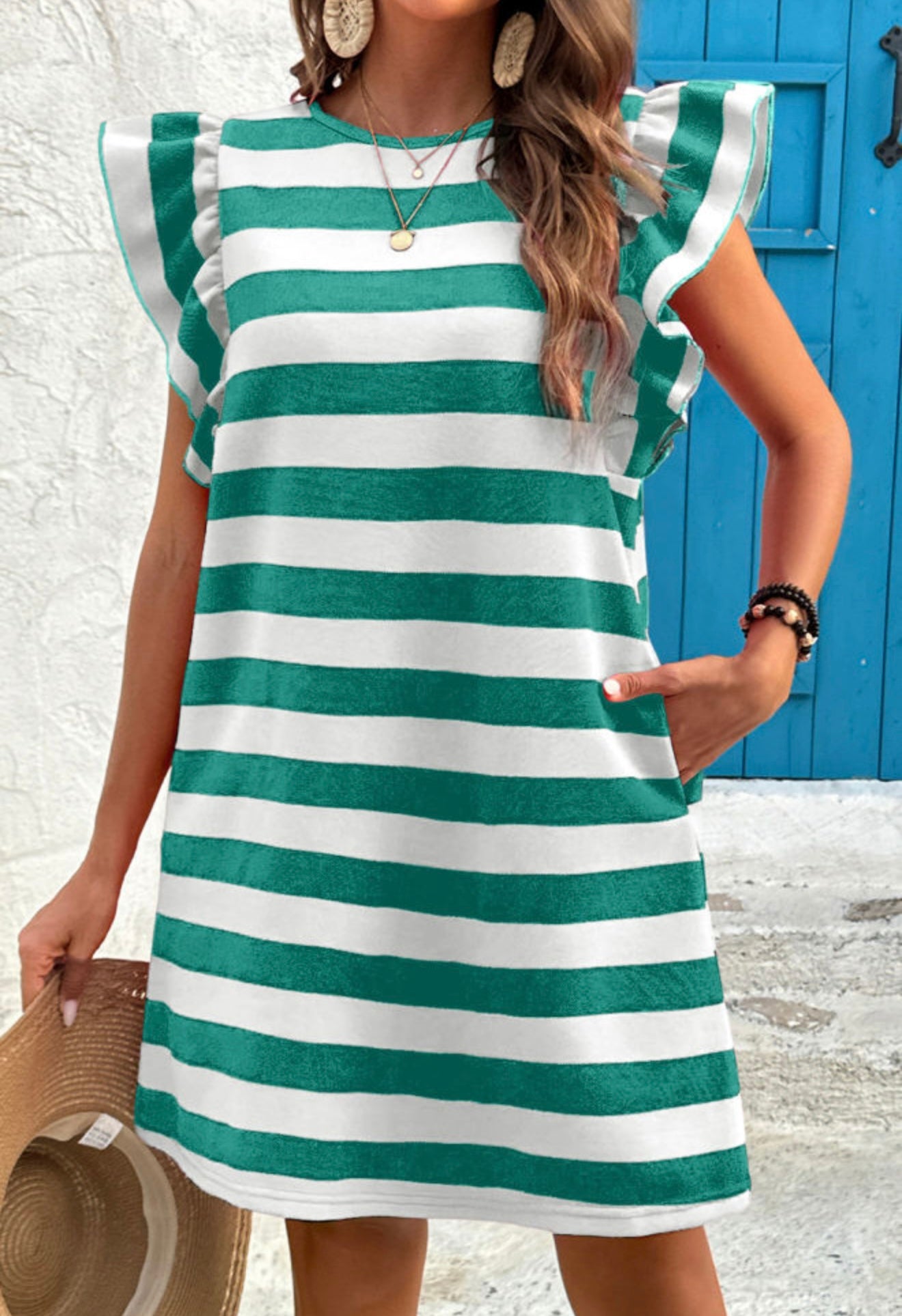 Green Stripe Flutter Sleeve Dress