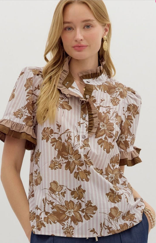 Floral Stripe Ruffle Top