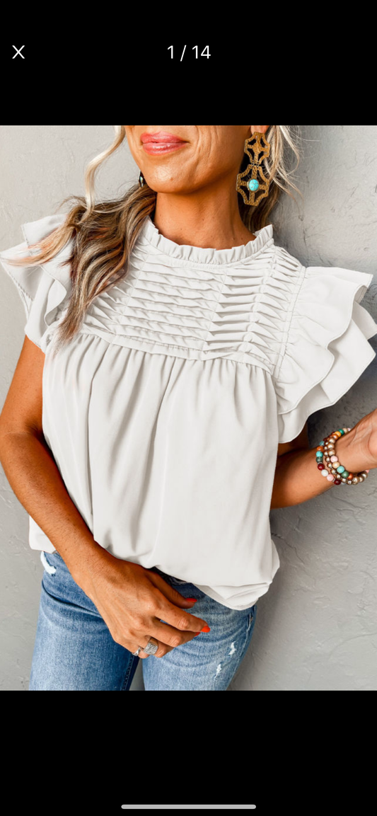 White Smocked Ruffle Sleeve Blouse