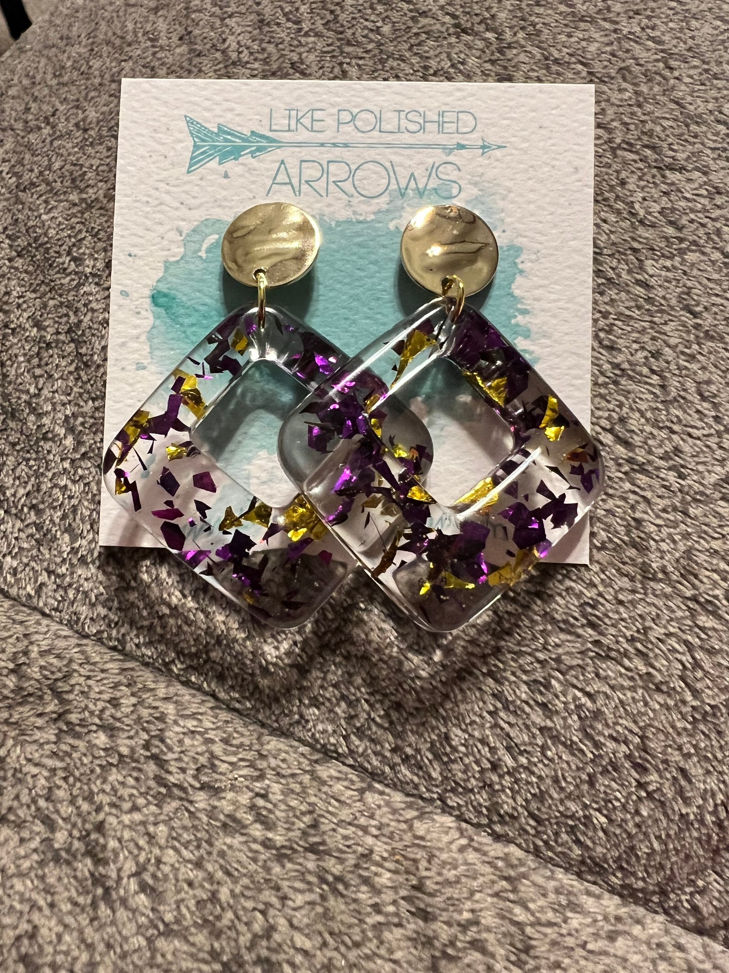 Purple & Gold Resin Square Earrings