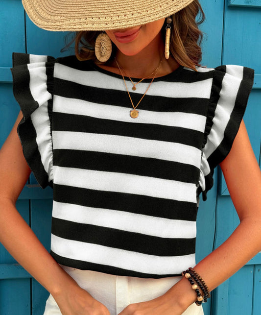 Black Stripe Flutter Sleeve Top