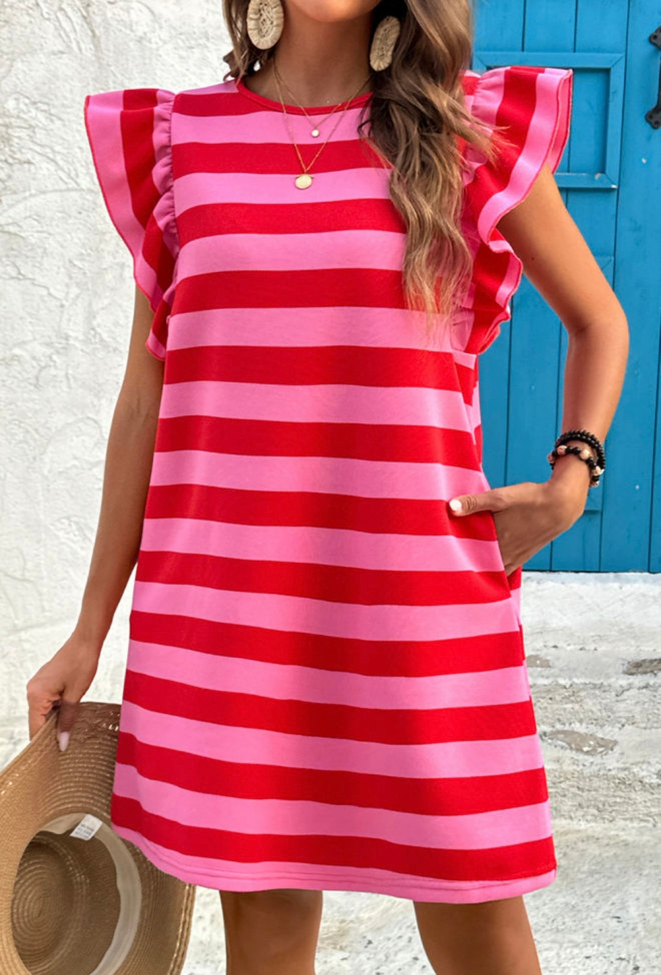 Red Stripe Flutter Sleeve Dress