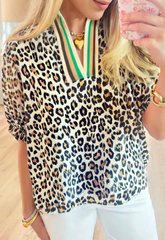 Khaki Leopard Color Block Top