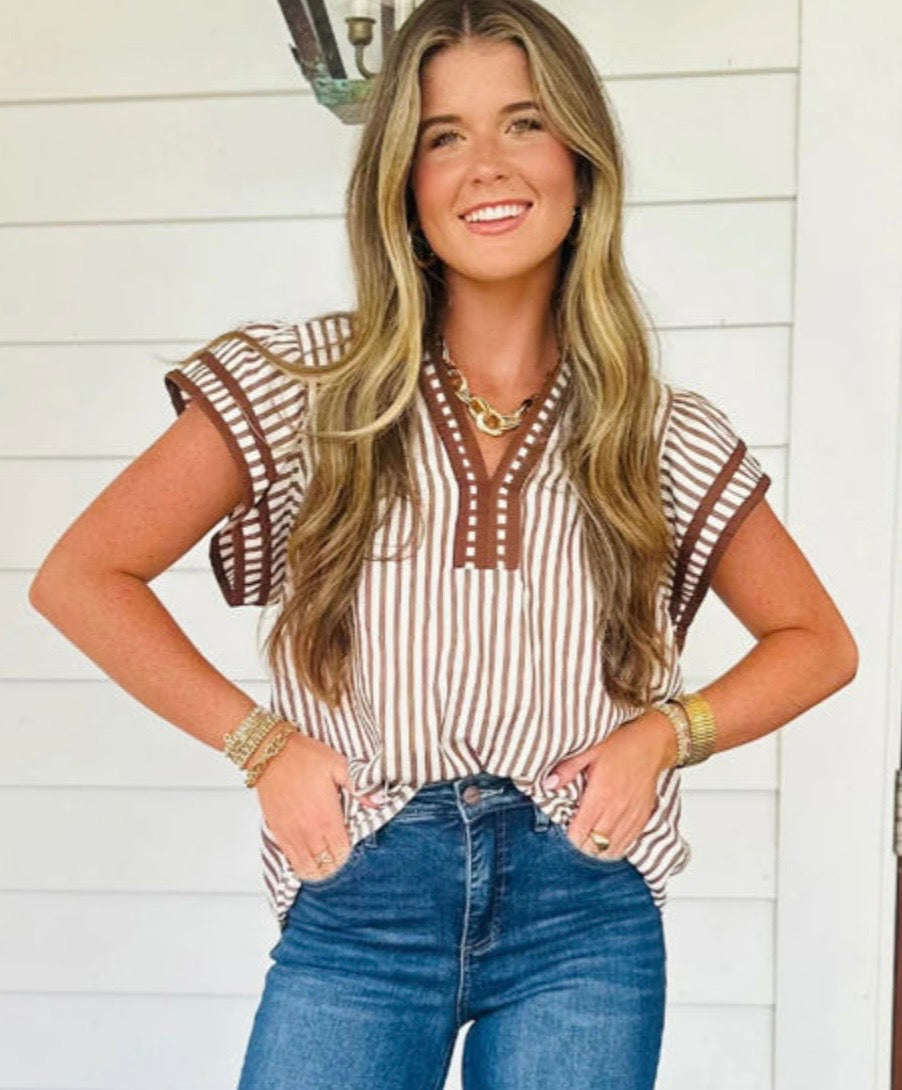 Khaki Stripe Ruffle Top