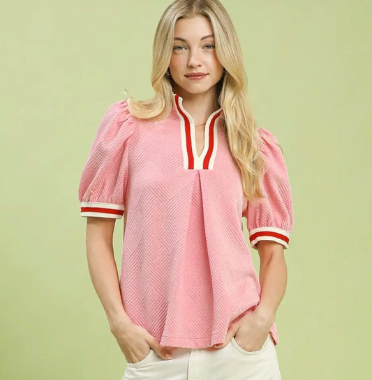Umgee Jacquard Textured Puff Sleeve Top