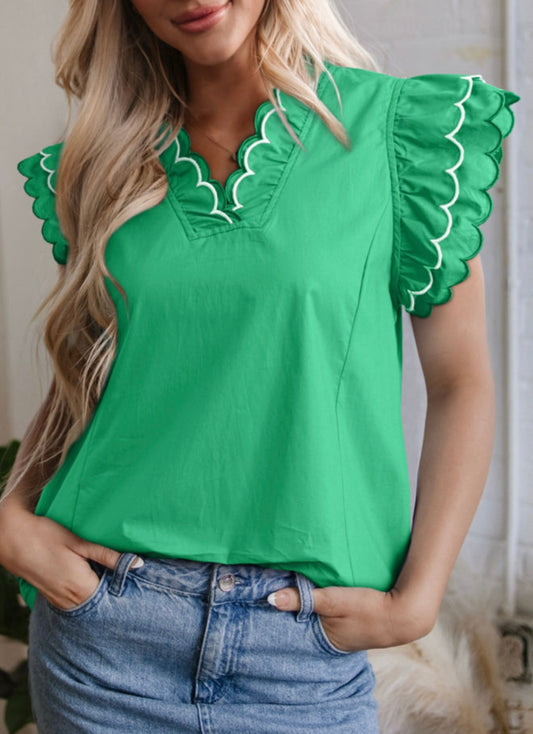Pink or Green Scallop Trimmed Blouse