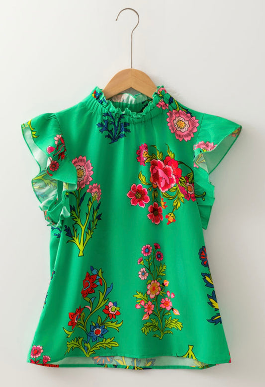 Green Floral Print Flutter Sleeve Top