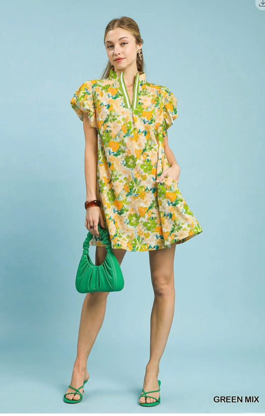 Umgee Mix Jacquard Floral Print Dress