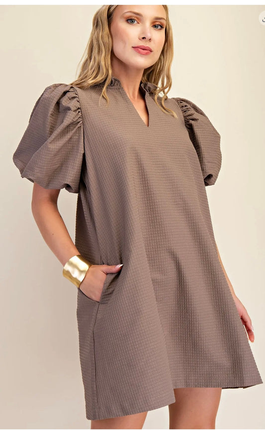 Ruffle V-Neck Puff Sleeve Dress