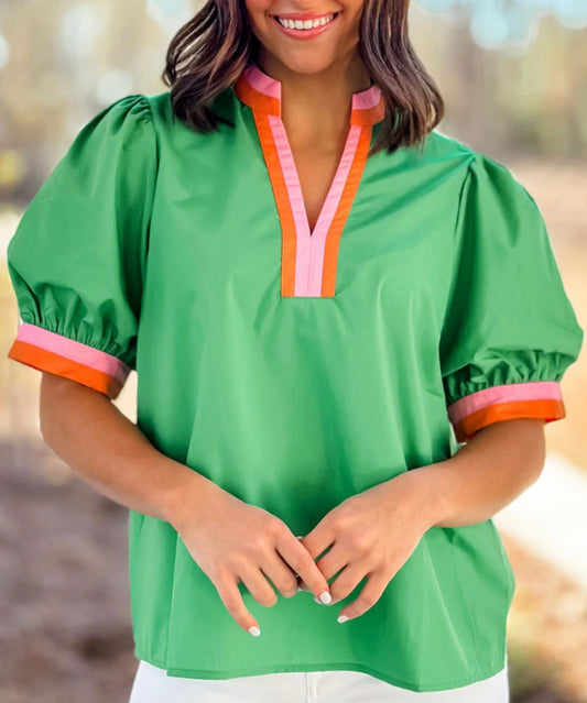 Green Contrast Stripe Top