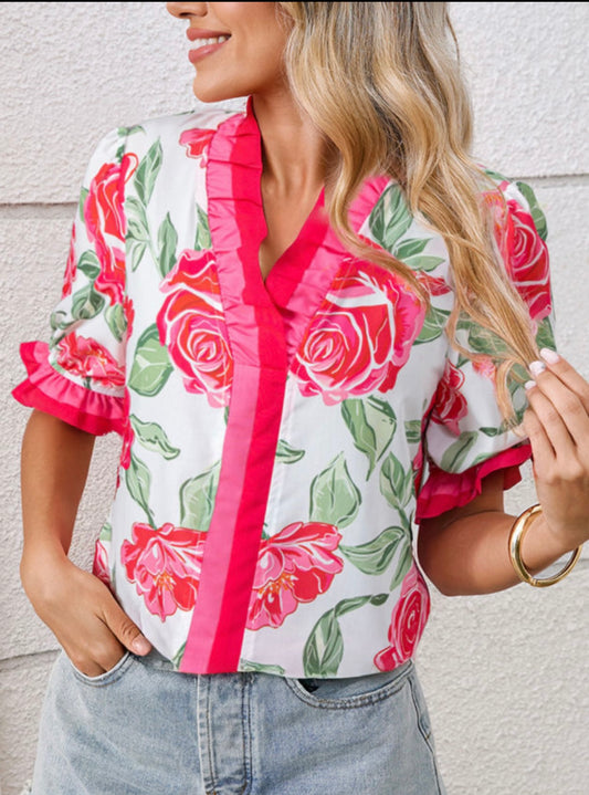 Rose Floral Frilled V-Neck Blouse