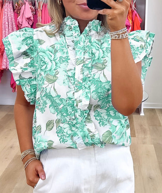 Green Floral Ruffle Sleeve