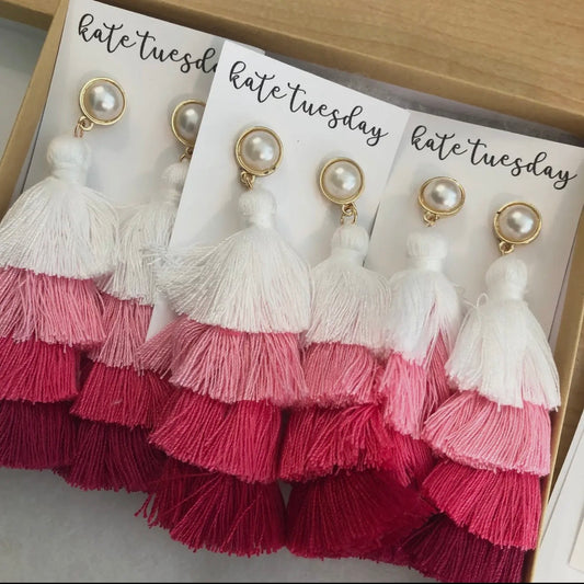 4 Layer Pink Tassel Earrings