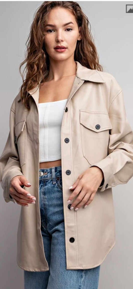 Faux Leather Button Down Jacket