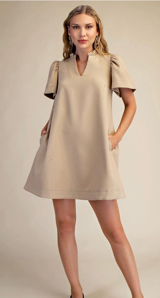 Beige Ruffle V-Neck Dress