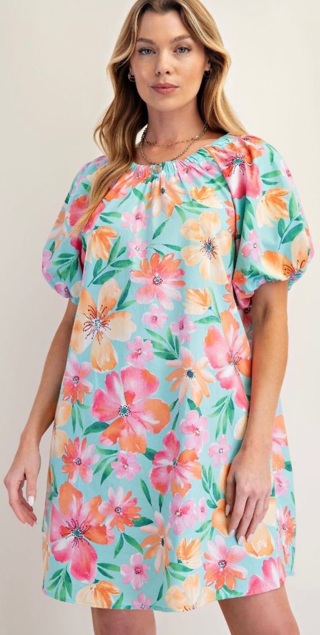Seafoam Bubble Sleeve Printed Dress