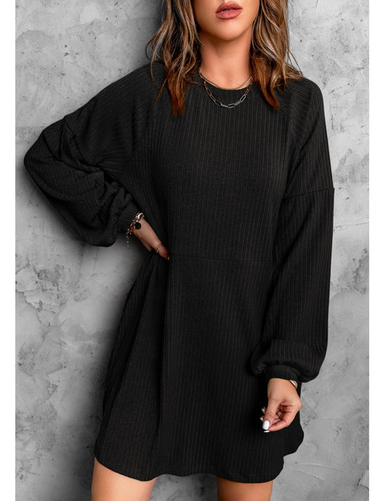 Black Round Neck Empire Waist Ribbed Knit Dress