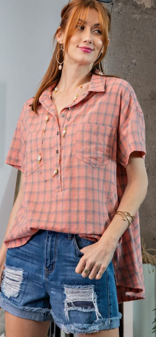 Easel Coral Plaid Blouse